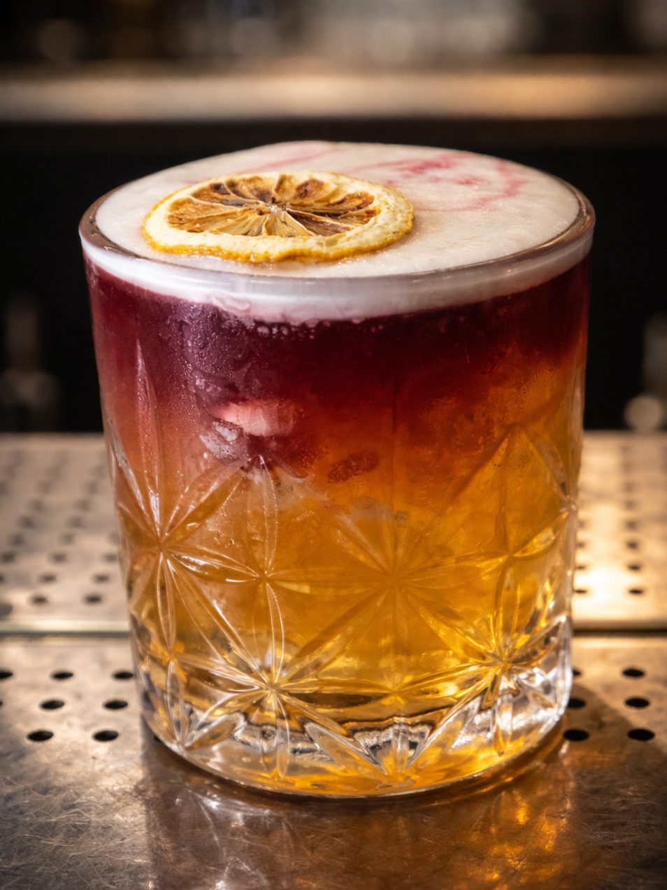 Un cocktail sul bancone di RAЯE, con il neon sfocato sullo sfondo.