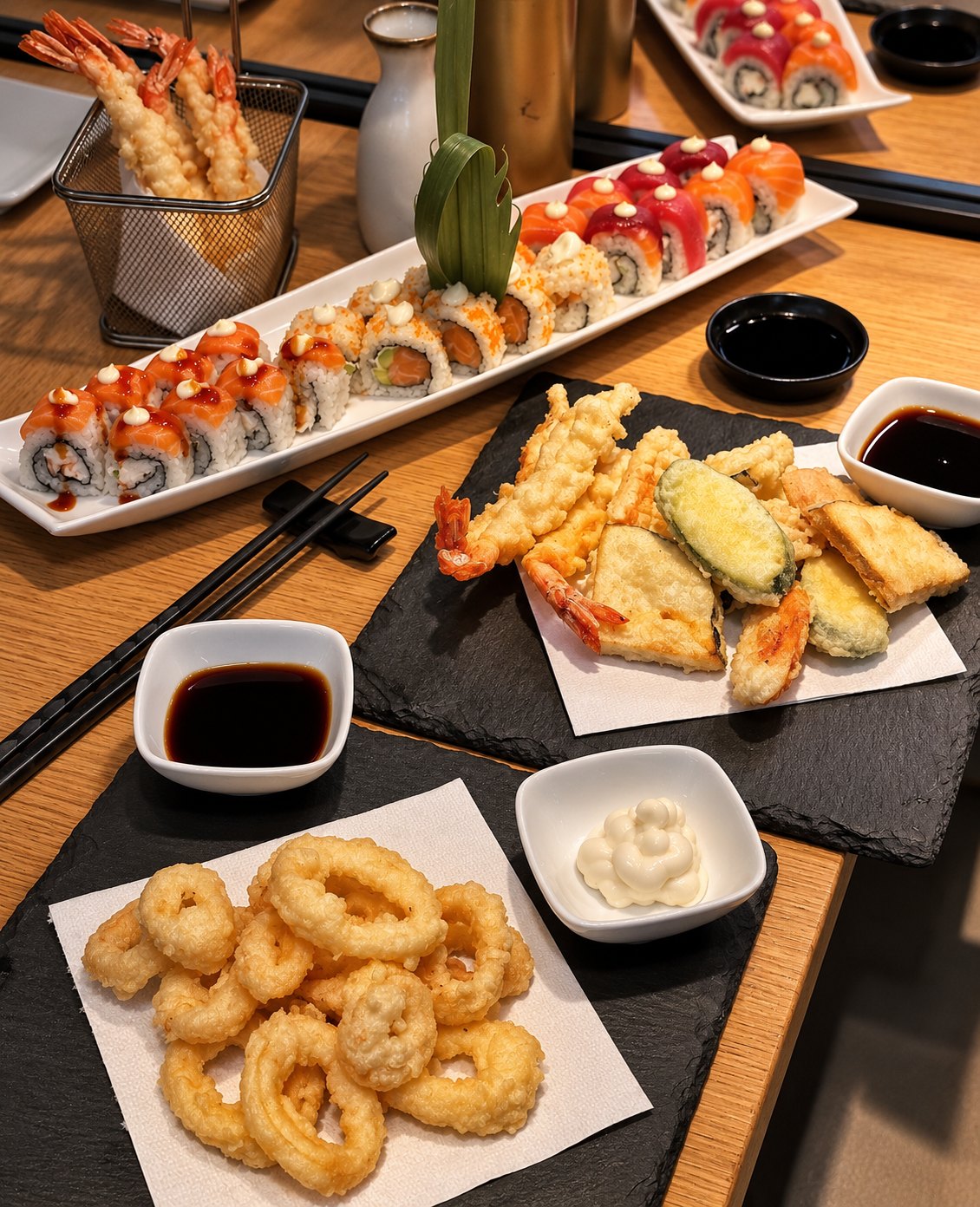 Uramaki, tempura e anelli di calamaro nella versione senza glutine di RAЯE.